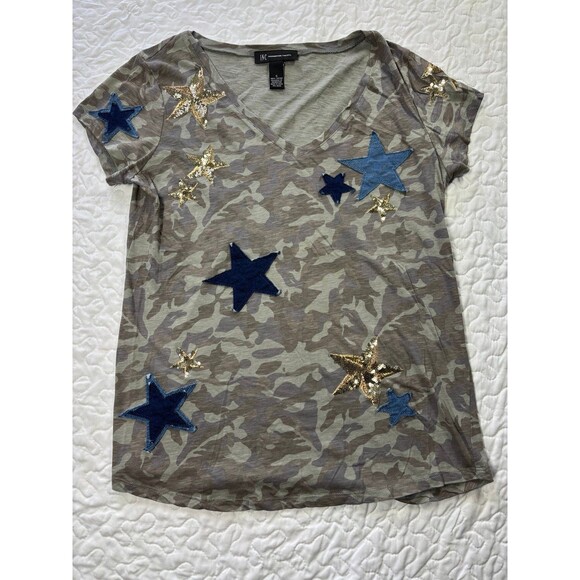 International Concepts Camo Denim/Sequin Star Vneck Cotton T Shirt size small - Picture 1 of 5